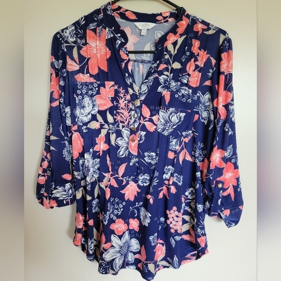 Coral Bay Navy + Pink Floral 3/4 Sleeve Blouse Size PS - Picture 1 of 5